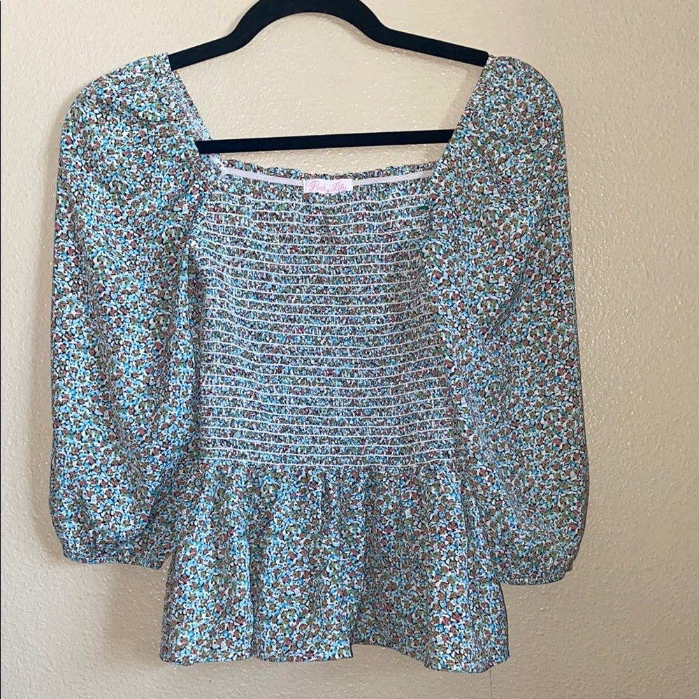 Pink Lily Floral Puff Sleeves‎ Preppy Whimsical Fairy Top size medium